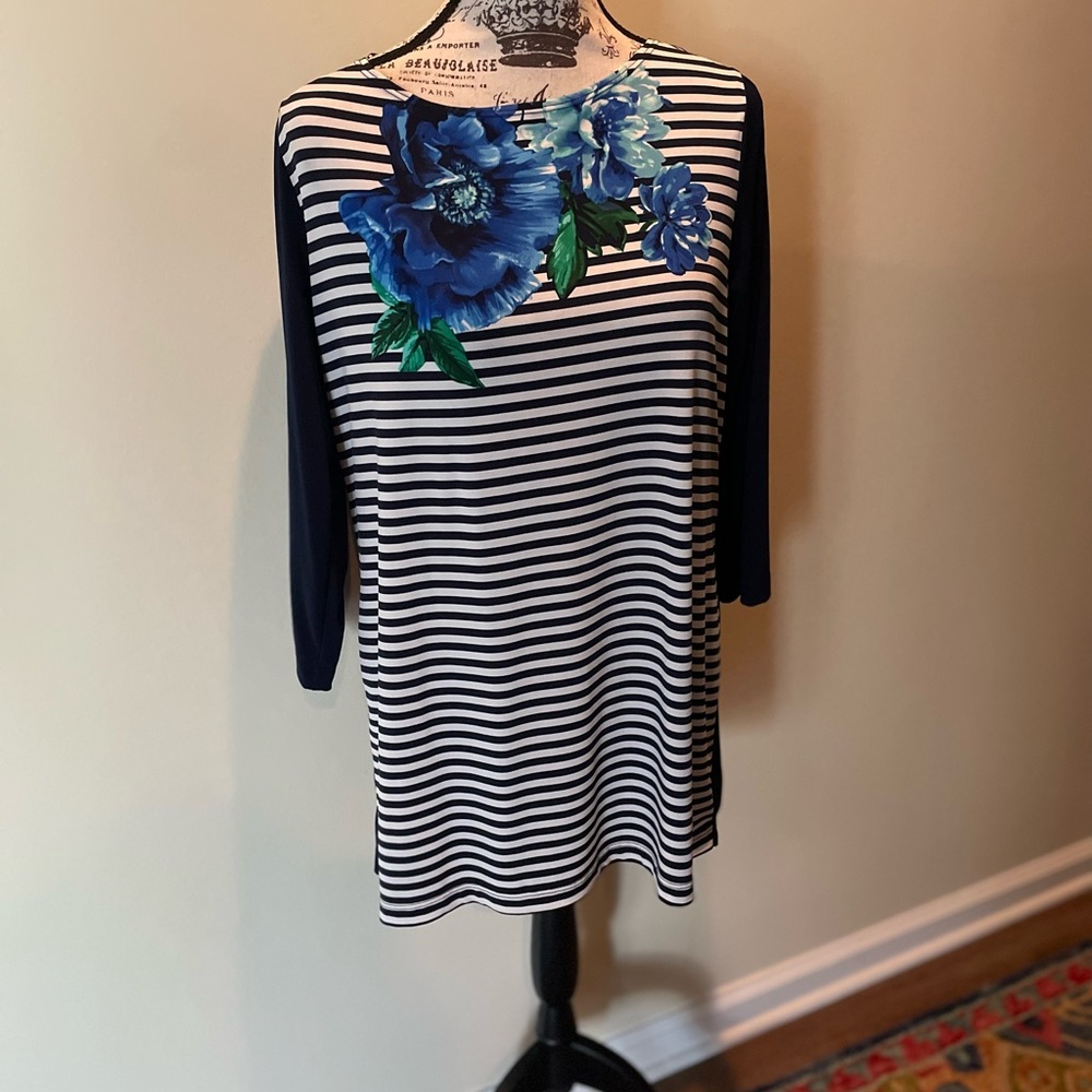 Susan Graver Navy Stripe Tunic Top ~ 3/4 sleeve ~ L